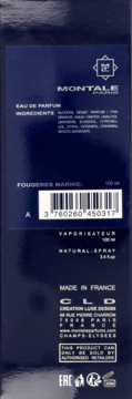 Tył ciemnoniebieskiego opakowania Montale Fougeres Marine Eau de Parfum 100ml, widoczne dane producenta i kod kreskowy.