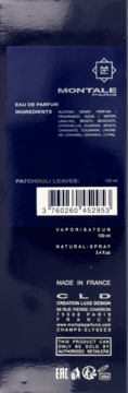 Tył ciemnoniebieskiego opakowania perfum Montale Patchouli Leaves 100ml, widoczne składniki i kod kreskowy.