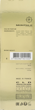 Tył złotego opakowania perfum Montale Rose Night EDP 100 ml, z kodem kreskowym, składnikami i ostrzeżeniem.