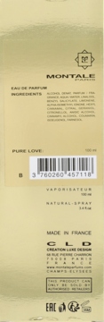 Tylna strona złotego opakowania perfum Montale Pure Love Eau de Parfum 100 ml, z widocznym kodem kreskowym.