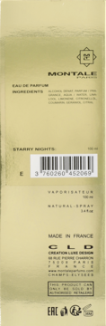 Tylne opakowanie perfum Montale Starry Nights Eau de Parfum 100ml, widok z tyłu z listą składników i kodem kreskowym.