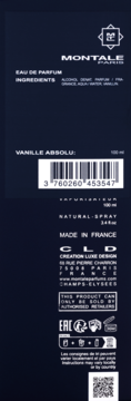 Tył opakowania Montale Vanille Absolu EDP 100 ml, granatowe, z białymi napisami: skład, kod kreskowy, Made in France.