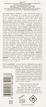 Tylna etykieta perfum Maison Margiela Replica, widoczny skład, kod kreskowy i piktogramy.
