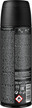 Widok z tyłu czarnego dezodorantu w sprayu STR8 Original 250 ml, z drobnym tekstem, kodami i symbolem płomienia.