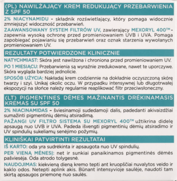 Etykieta kremu L'Oréal Bright Reveal SPF 50 z niacynamidem, widok tekstu PL/LT.