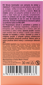 Tył butelki serum rozświetlającego z witaminą C i bursztynem, z etykietą w gradientowych barwach, 30 ml.