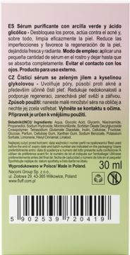 Tył opakowania serum oczyszczającego przeciwtrądzikowego z glinką i kwasem glikolowym, z tekstem i kodem.