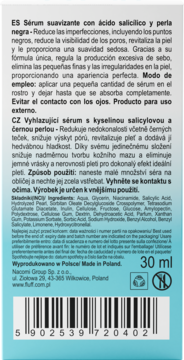 Tył opakowania serum wygładzającego 30ml z kwasem salicylowym i czarną perłą, biało-niebieskie z kodem kreskowym.