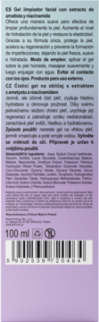 Tył fioletowego opakowania żelu do mycia twarzy z ametystem i niacynamidem, widoczny tekst, kod kreskowy i 100 ml.