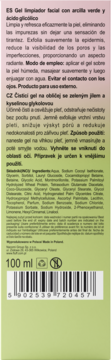 Tył opakowania żelu do mycia twarzy z glinką zieloną i kwasem glikolowym, z kodem kreskowym i tekstem, 100 ml.