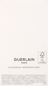 Tył białego opakowania perfum Guerlain La Petite Robe Noire Eau de Parfum, z pełną listą składników.