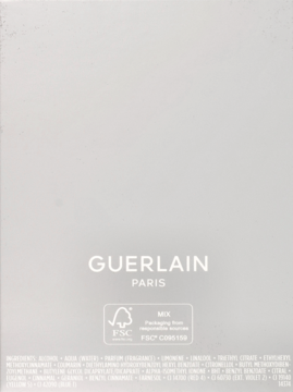 Tył jasnoszarego opakowania perfum Guerlain L'Homme Ideal, z logo Guerlain Paris, certyfikatem FSC i listą składników.