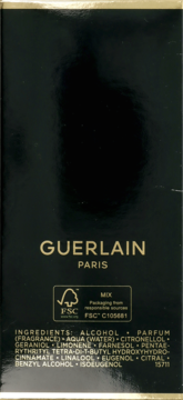 Tył czarnego opakowania perfum Guerlain Oud Essentiel z widoczną listą składników i certyfikatem FSC.