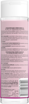Tylna etykieta toniku-esencji Eveline Clean Shot 5% Peptydy Miedziowe, różowa butelka z białym korkiem.