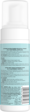 Tył butelki Eveline Clean Shot ultradelikatnej pianki do mycia twarzy z D-Panthenolem, 150 ml.