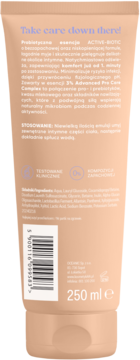Tył tubki probiotycznej esencji AA Intymna Active-Biotic 250ml, beżowe opakowanie z tekstem i kodem kreskowym.