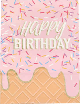 Torebka prezentowa "Happy Birthday" pastelowa, z różową topiącą się polewą, kolorowymi posypkami i waflową teksturą.