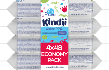 Chusteczki nawilżane Kindii 99% Water, 4x48 ekonomiczny pak, białe opakowania, ułożone w stos, przód widoczny.