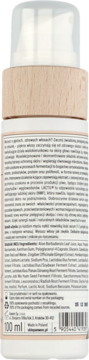 Tył białej butelki serum rewitalizującego do włosów 100 ml z drewnianą nakrętką, widoczne szczegóły i skład.