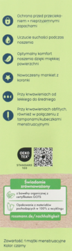 Grafika: Opis majtek menstruacyjnych Rossmann, cechy (ochrona, suchość), OEKO-TEX, QR, ekologia, kolor czarny.