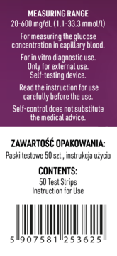 Tył opakowania pasków testowych glukozy. Fioletowa sekcja z zakresem pomiaru, biała z 50 sztukami i kodem kreskowym.