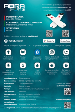 Ulotka glukometru ABRA SMART do pomiaru glukozy. Ciemne tło, paski testowe, kluczowe funkcje i aplikacja Istel Health.