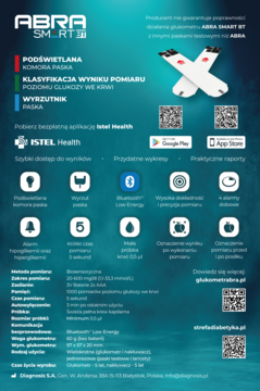 Ciemny plakat ABRA SMART BT z glukometrem do pomiaru cukru i białymi paskami testowymi. Ma Bluetooth i appkę.