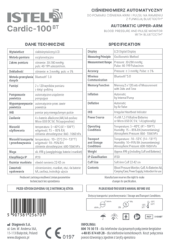 Specyfikacja techniczna ciśnieniomierza ISTEL Cardic-100 BT z Bluetooth, widok instrukcji obsługi.