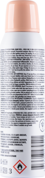 Tył białego antyperspirantu Bruno Banani Woman w sprayu, z brzoskwiniową nakrętką i etykietami.