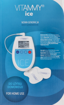 Vitammy Ice elektrostymulator do użytku domowego, białe urządzenie i elektrody, na niebieskim opakowaniu.