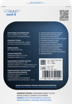Tył opakowania ciśnieniomierza naramiennego VITAMMY next 6, szczegóły techniczne, zakres pomiaru i barcode.