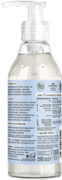 Tył butelki żelu do mycia z kwasem hialuronowym. Przezroczysta butelka z pompką, etykieta 195 ml.