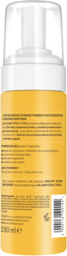 Tył żółtej butelki pianki AA Laab Healthy Glow Recovery z białymi etykietami i polskim tekstem, widoczny kod kreskowy.