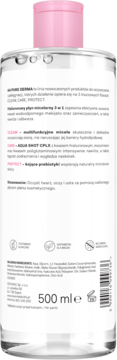 Tył butelki micelarnego płynu AA Pure Derma 500ml, różowa nakrętka, opis składników: kwas hialuronowy, prebiotyki.
