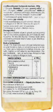 Tył opakowania enerbio orkiszowych herbatników z etykietą, składnikami i tabelą wartości odżywczych.