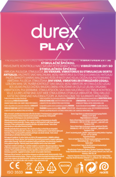 Tył opakowania wibratora Durex Play, gradientowe fioletowo-pomarańczowe, z tekstem o stymulacji.