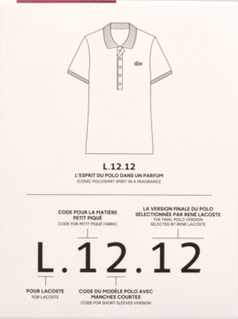 Diagram Lacoste L.12.12 z białą koszulką polo i tekstem o kodzie materiału pique oraz krótkich rękawów.