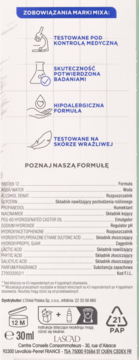 Tył opakowania serum Mixa Mix & Match, 30ml, z niacynamidem i kwasem salicylowym, widoczne składniki i zobowiązania.