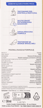 Tył opakowania serum Mixa do skóry wrażliwej, z zobowiązaniami marki i pełną listą składników.