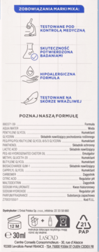 Tył białego opakowania serum Mixa z kwasem hialuronowym. Widoczne obietnice marki i pełna lista składników.