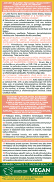 Szczegółowy opis fluidu Garnier SPF50+ z witaminą C, tekst na żółto-różowym tle, certyfikat Vegan.
