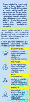 Panel informacyjny serum Bielenda Marine Care C z 12% witaminą C, tekst, ikony składników na niebiesko-żółtym tle.