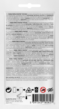 Tył białej saszetki Panda Pimple Fighter Patches. Widoczne składniki aktywne: kwas salicylowy, cynk PCA, olej herbaciany.