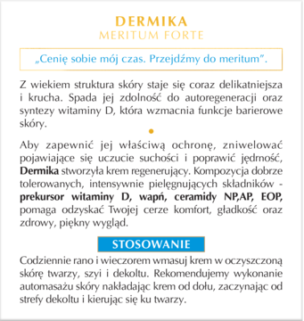 Biała strona informacyjna kremu Dermika Meritum Forte, z pomarańczowym nagłówkiem. Opis składu (wit. D, ceramidy) i stosowania.