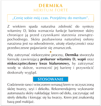 Strona z ulotki Dermika Meritum Forte: opis nawilżającego kremu, wit. D, wapń, kwas hialuronowy.