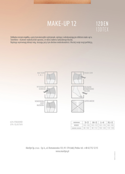 Techniczny schemat rajstop Marilyn Make-Up 12 DEN: detale, rozmiary, skład materiału na jasnym tle.