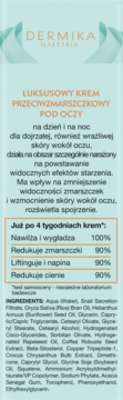 Front opakowania Dermika Maestria, krem pod oczy. Błękitne tło, tekst PL o redukcji zmarszczek, składniki widoczne.