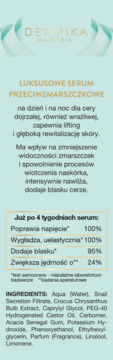 Etykieta serum Dermika Maestria, luksusowe serum przeciwzmarszczkowe. Pełny widok z przodu, tekst na tle w odcieniach błękitu.