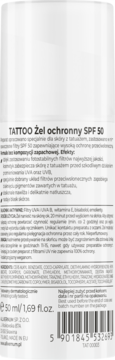Tył białego opakowania żelu ochronnego Allvernum Tattoo SPF 50, z informacjami o produkcie i kodem kreskowym.
