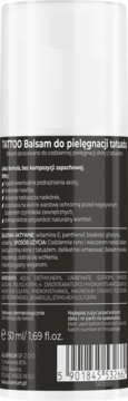 Tył białego opakowania balsamu Allvernum Tattoo do pielęgnacji tatuażu, z czarną etykietą i kodem kreskowym.